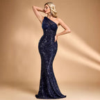 Sequin Oblique Shoulder Applique Evening Dress Women Cocktail Fishtail Host Toast Dress
