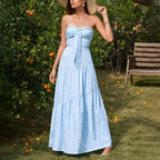 Tube Top Bow Bandage Dress Sexy Backless Pleated Print Maxi Dress SUNSHINE