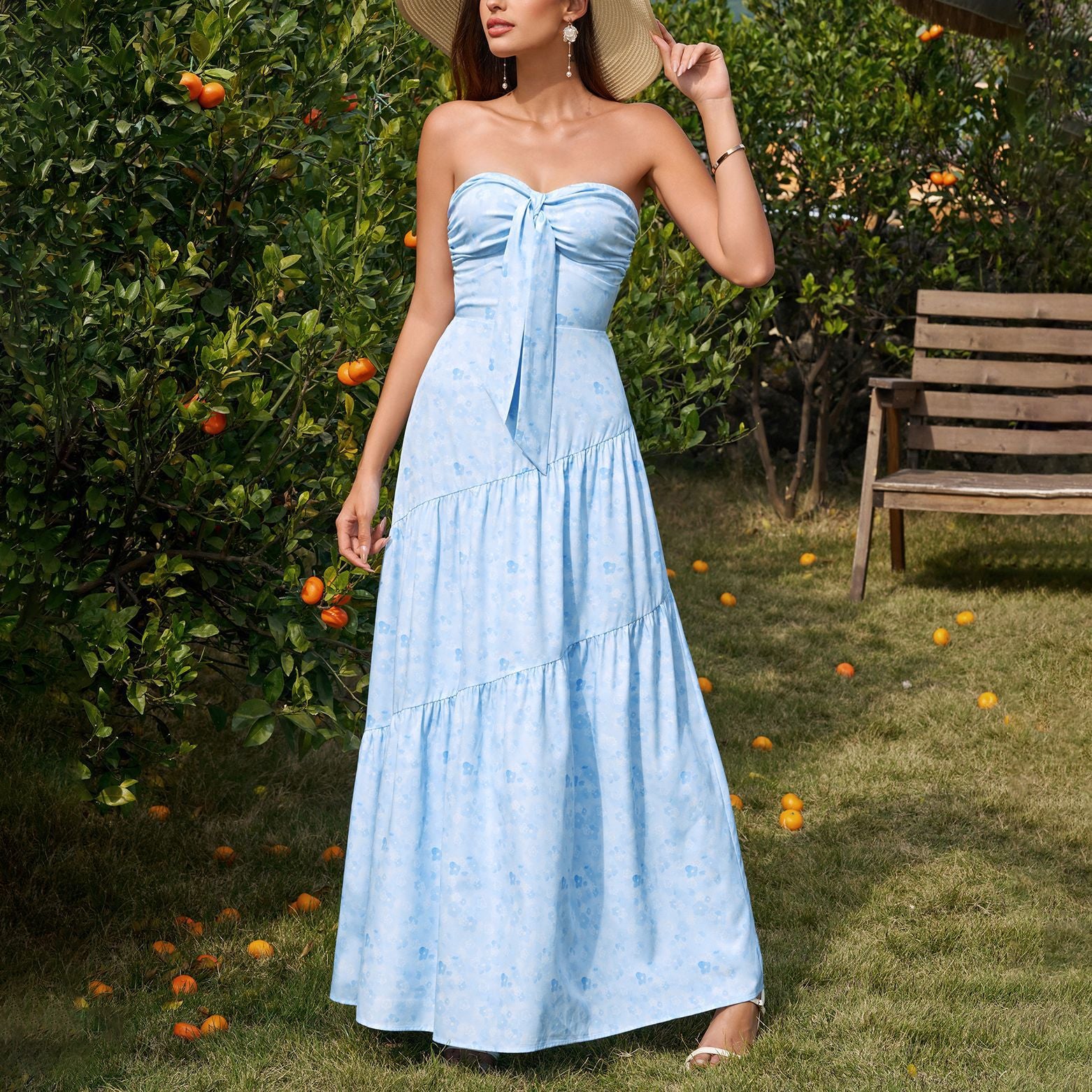 Tube Top Bow Bandage Dress Sexy Backless Pleated Print Maxi Dress SUNSHINE