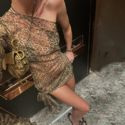 Summer Leopard Print Dress Sexy See through Shoulder Single Sleeve Slim Fit Sexy Dress