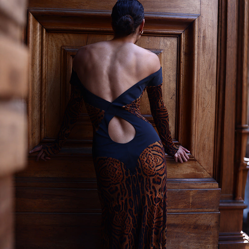 Fall Women Clothing Sexy off the Shoulder Hollow Out Cutout Backless Leopard Print Slim Fit Long Sleeved Dress Dores