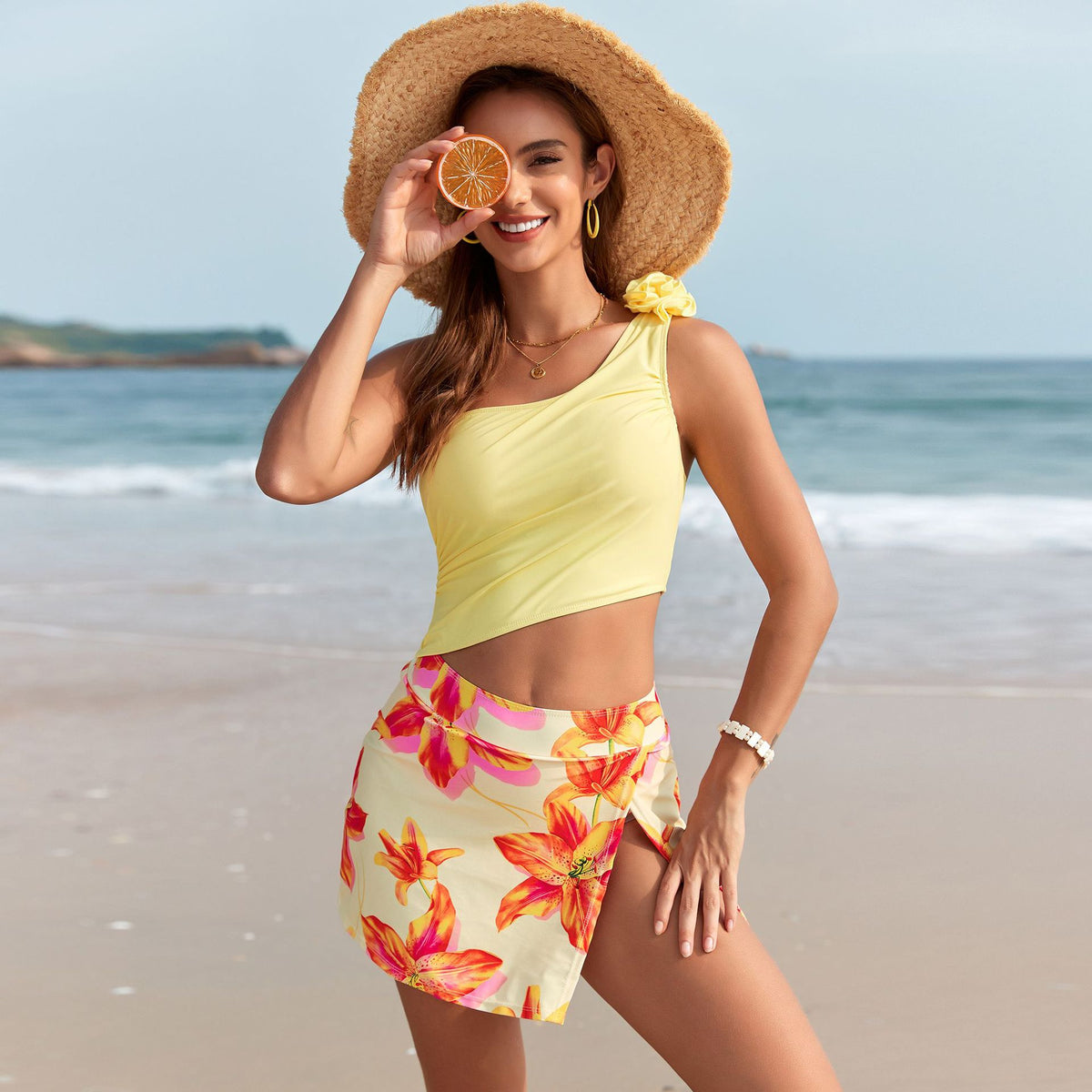 Women Summer Vacation Printed One Piece Swimsuit Aqua