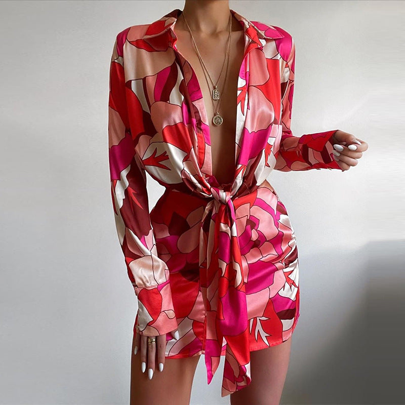 Summer Sexy Women Wear Collared Print Long Sleeve Narrow Shirt Dress HOPE