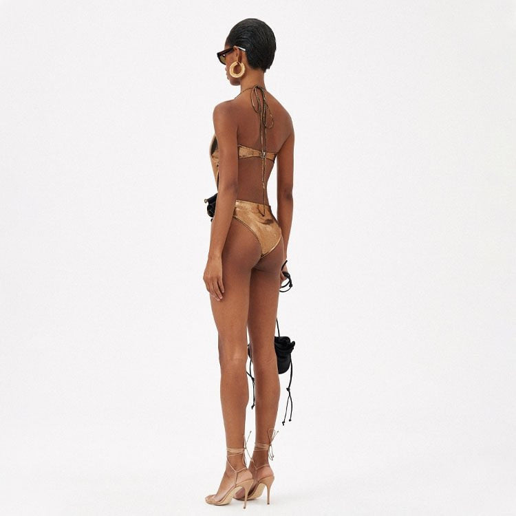 Gold Handmade Floral Halter Hollow Out Cutout out Swimsuit Women ShineRealm