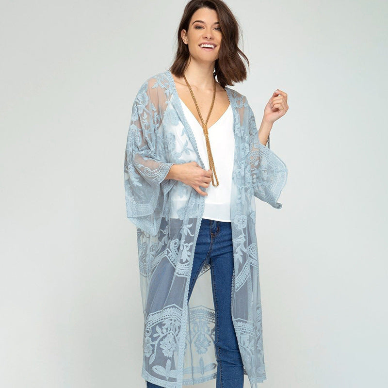 Chaqueta de playa con bordado de seda de uva sexy para mujer, ropa de playa con protección solar, bikini, traje de baño, cárdigan