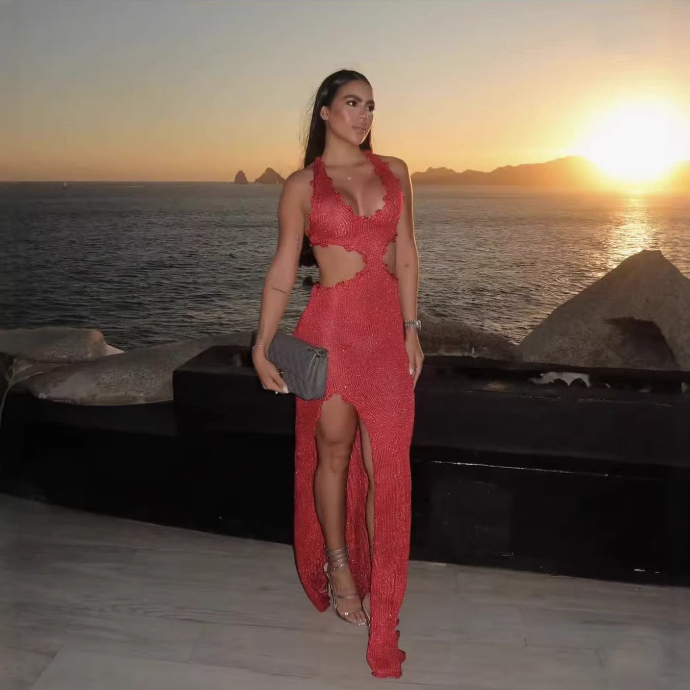 Spring Summer Deep V Plunge Cropped Outfit Lace up Split Bright Silk Handmade Crochet Woolen Dress Lyncent