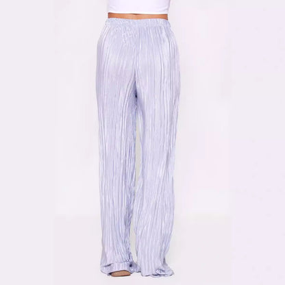 Summer Women Wide Leg Pants High Grade Luxury Pleated Satin Flash Casual Pants