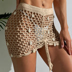 Stylish Beach Pure Hand Crocheting Side Drawstring Lace up Cutout Shell Embellished Bikini Cover up Skirt Tidee