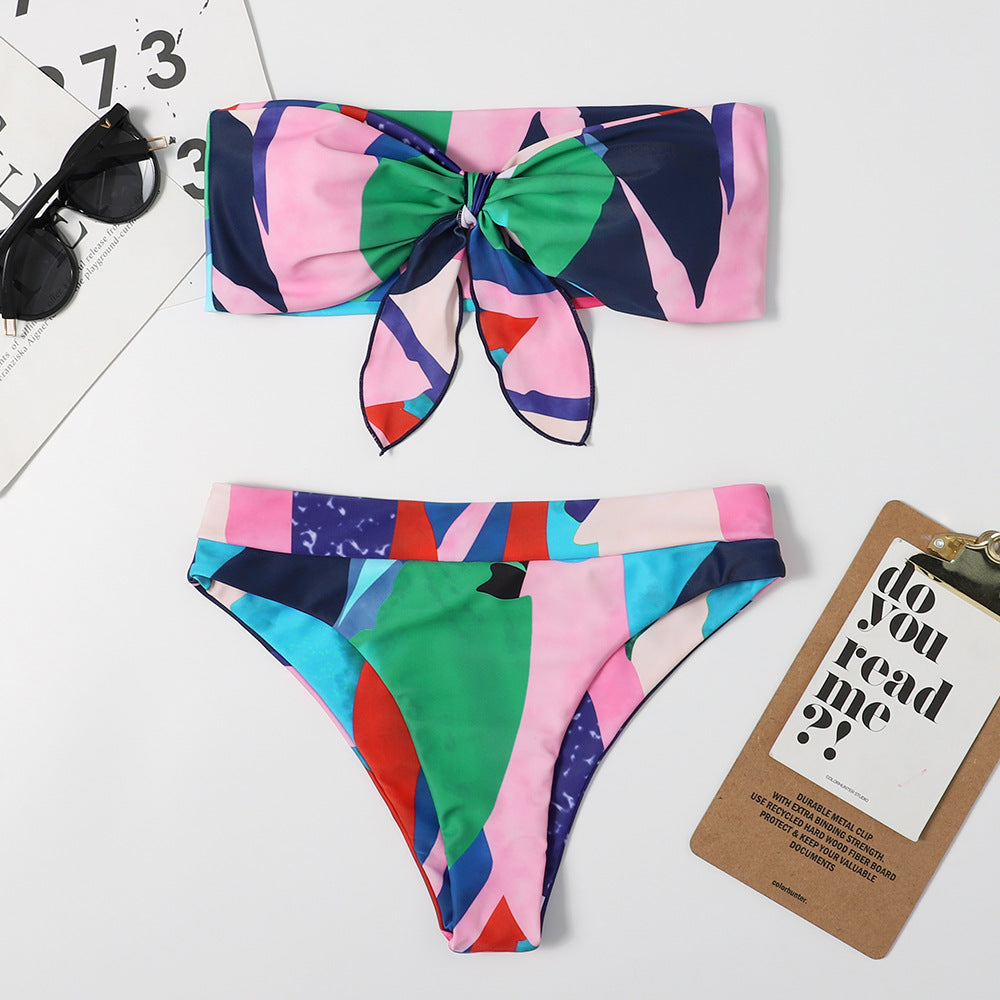 Print Tie Dye Sexy Tube Top Bikini Swimsuit Women Slim Fit Two Piece Suit Split Mojo