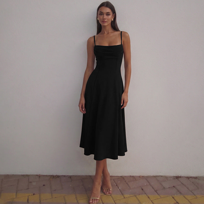 Women Clothing Summer Suspender Pleated off Neck Cinched Swing Dress Fashionable Elegant Dress LEKINS