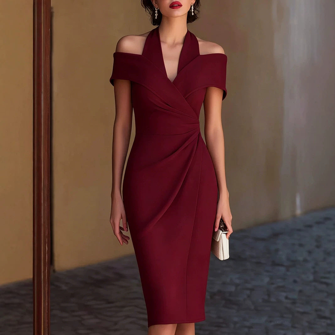 Women Clothing Summer Halter Off the Shoulder Solid Color Dress NEWMELANCE