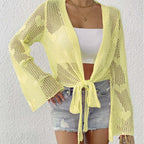 Women Cardigan Clothing Spring Summer Lace up Bow Bell Sleeve Mechanism Shirt Beach Cover Up Oyimi
