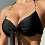 Solid Color Advanced Metal Chain Strap Backless Sexy Push up Bikini Unlined Top Women OLam