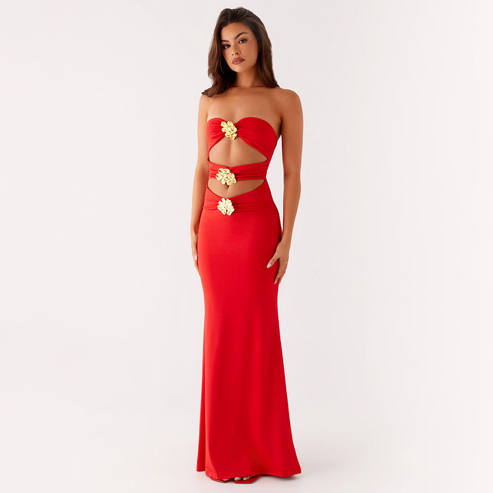 Summer Ladies Sexy Cutout Dress off Neck Metal Floral Sexy Slim Fit Maxi Dress JULISSA