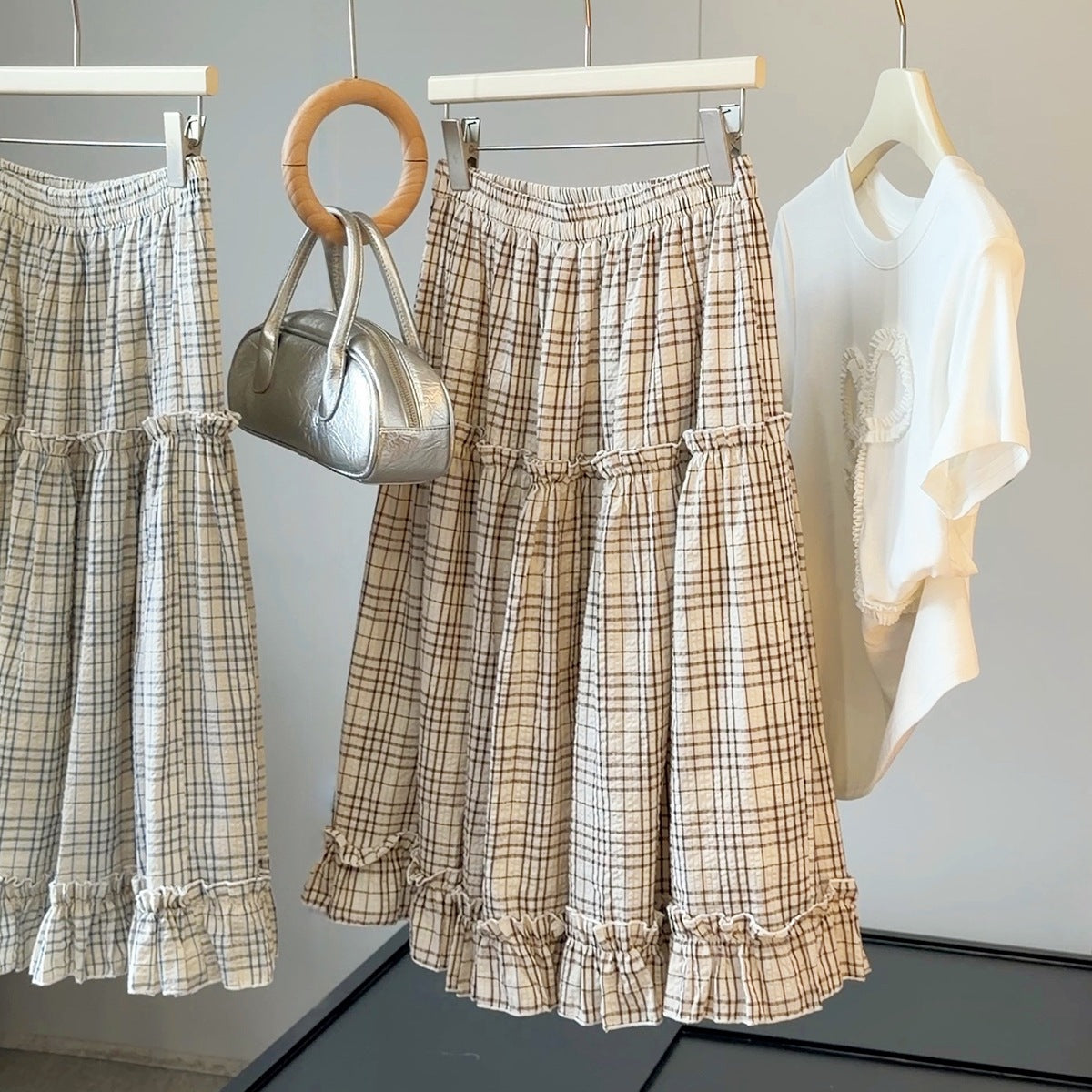 Ruffled Bubble Cotton Plaid Skirt Women Summer High Waist Slimming A Line Mid Length Skirt Sunnygrace