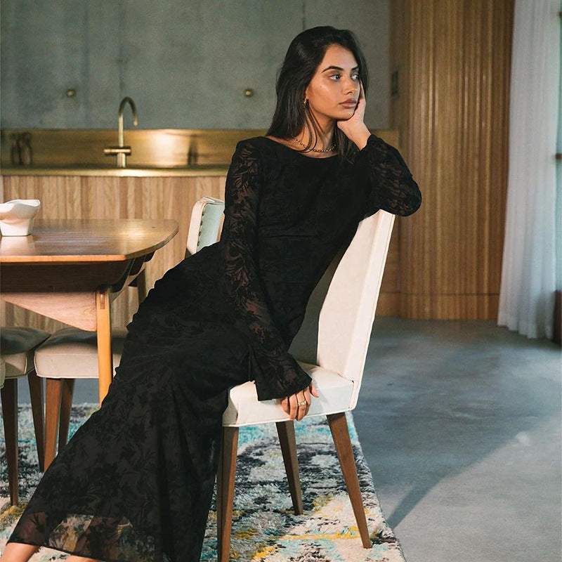 Sexy Backless Long Sleeves Printed Dress Women Autumn Graceful Fashionable Dress