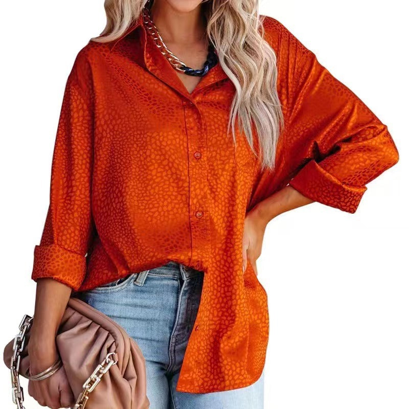 Camisa de mujer de otoño cómoda de satén con estampado de grava, manga larga, holgada, para mujer