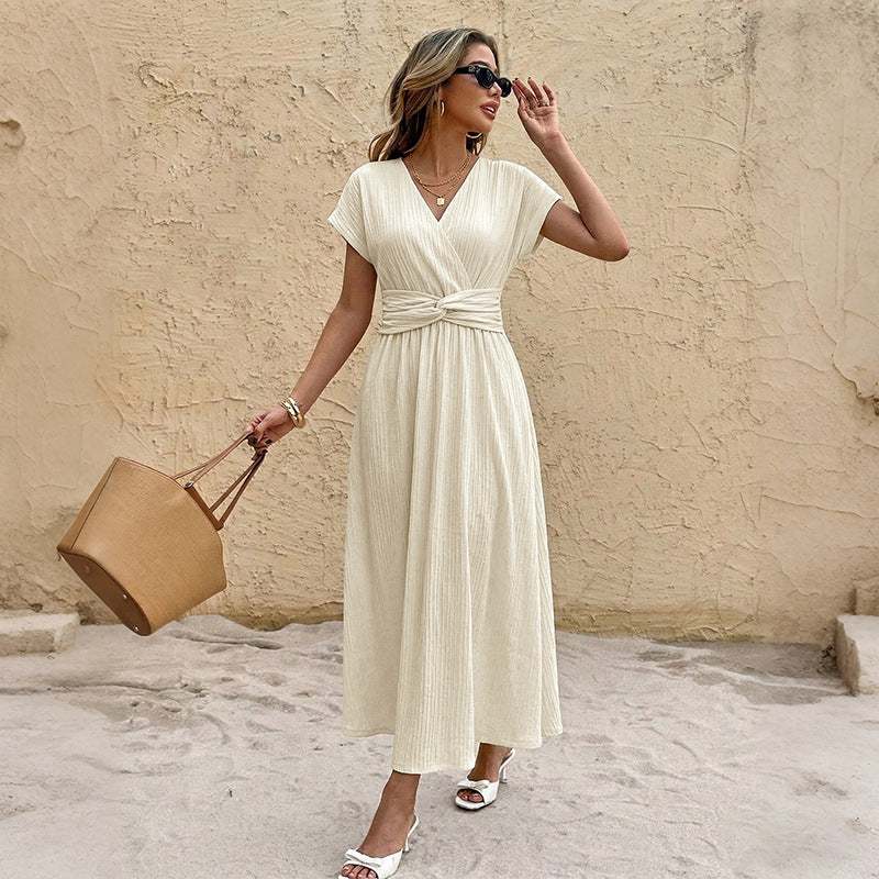 Holiday Maxi Dress Texture Solid Color Flounced Sleeve Tied V neck Dress HUNDRED