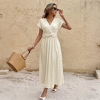 Holiday Maxi Dress Texture Solid Color Flounced Sleeve Tied V neck Dress HUNDRED