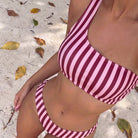 Bikini Pink Striped One Shoulder Tube Top Bikini Sexy Backless Low Waist Split Swimsuit WithWind