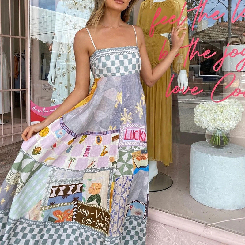 Elegant Casual Design Print Strap Slim High Waist Slimming Maxi Dress Women Clothing Ory