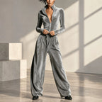 Velvet Long Sleeve Zipper Jumpsuit Casual High Waist Lace up Wide Leg Slim Fit Bodysuit Venly