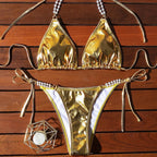 Swimsuit Women Sexy Backless Halter Lace up Bikini Golden Swimsuit Chimie