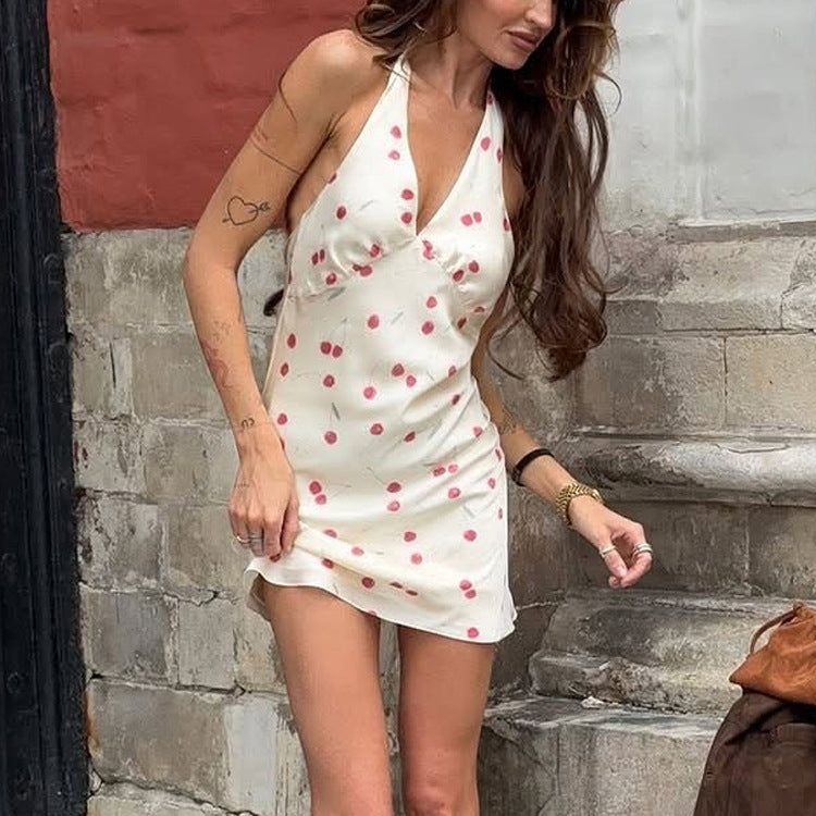 Sexy Backless Halter Dress Women Digital Printed Sleeveless Deep V Plunge neck High Waist Hip Dress Kigali