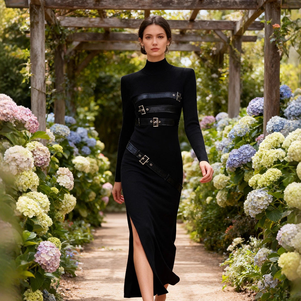 Turtleneck Solid Color Dress Spring High Grade Long Sleeve Split Metal Decorative Dress Women Sailfish