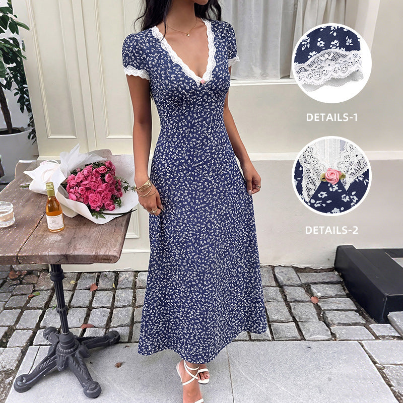 Sweet Vacation Lace V neck Patchwork Short Sleeve Floral Dress HUNDRED