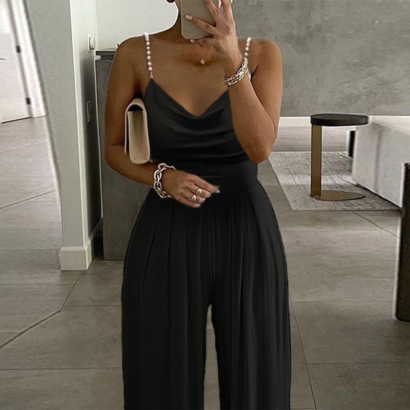 Pearl Suspender Wide Leg Sleeveless V-neck Backless Trousers Jumpsuit FLYSMART