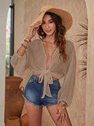 Sun Protection Lace up Casual Loose Solid Color Bikini Vacation Beach Blouse Women OLam