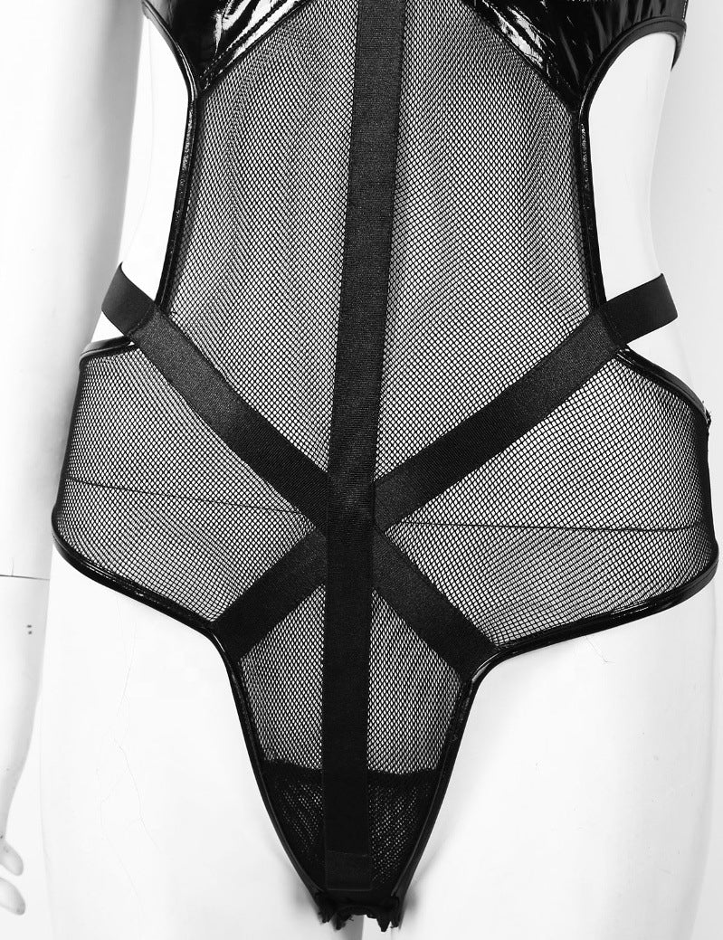 Sexy Sleeveless Mesh Patent Leather One-Piece Sexy Suit