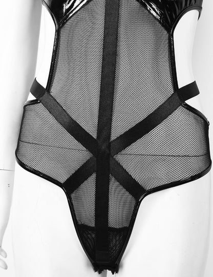 Sexy Sleeveless Mesh Patent Leather One-Piece Sexy Suit