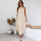 Woven Elegant Design Bare Back Seaside Holiday Halter Dress Yiskiss