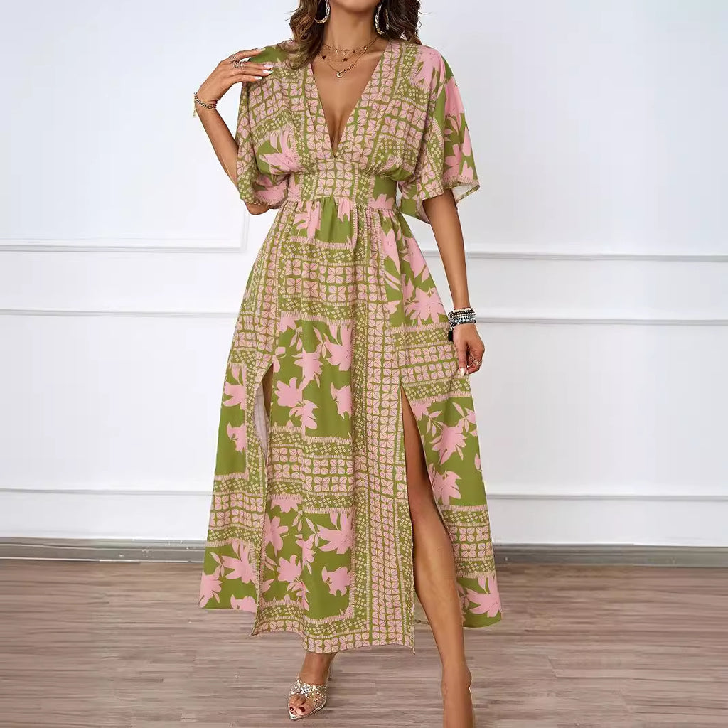 Summer Sexy V neck Short Sleeve Waist Controlled Printed Dress for Women XINXI