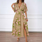 Summer Sexy V neck Short Sleeve Waist Controlled Printed Dress for Women XINXI