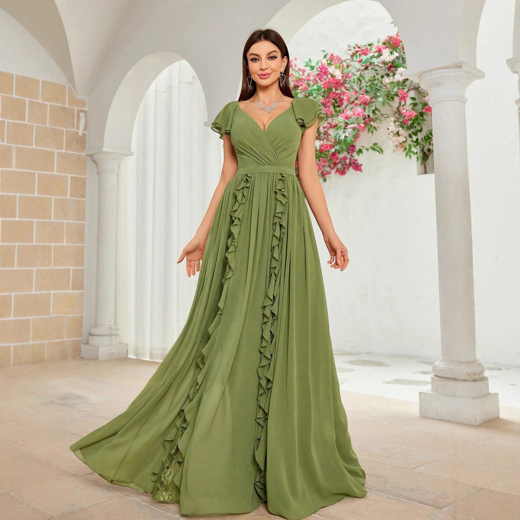Robe de bal élégante automne haut de gamme, robe maxi à volants et col en V