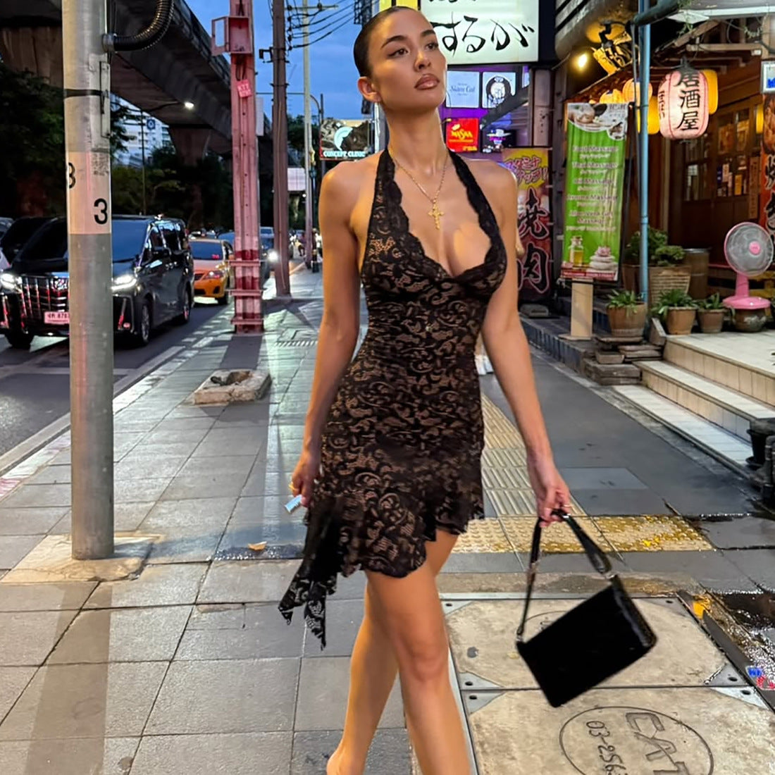 Autumn Winter Women Sexy Backless Deep V Plunge neck Slim Fit Lace Sheath Dress