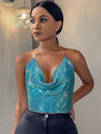 Women Clothing Low Cut Backless Metal Sequ Chain Strap Deep V Plunge Cropped Tank Top Women Clothing Hadid