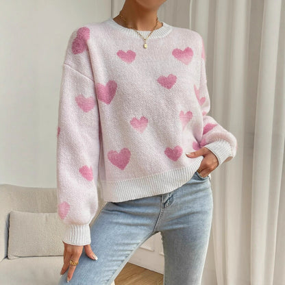 Women Autumn Winter Love Pullover Loose Casual Office round Neck Knitted Sweater for Women