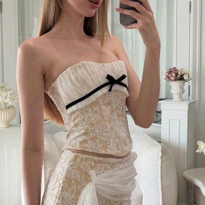 French Sweet Spicy Sexy Stitching Lace Embroidery Sexy Slimming Boning Corset Cropped Tank Top