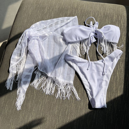 Traje de baño de tres piezas de bikini con borlas y tirantes de malla