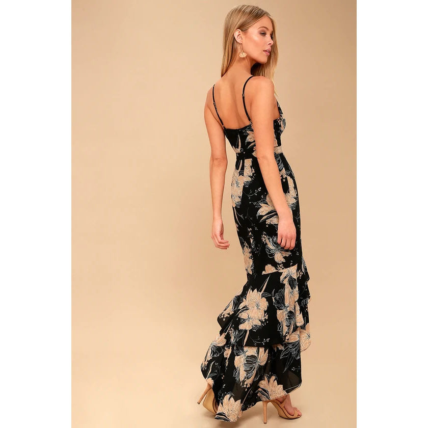 Women Spring Summer New Black White Floral Print High Waist Backless Strap Dress DreamFashion
