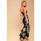 Women Spring Summer New Black White Floral Print High Waist Backless Strap Dress DreamFashion