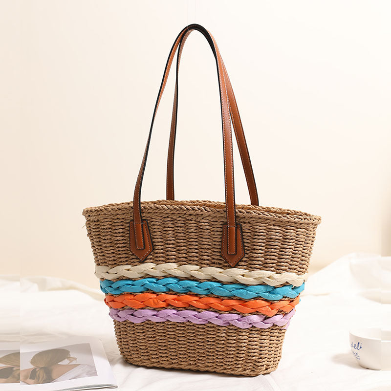 Sac bohème à bandoulière en paille à rayures arc-en-ciel, sac tissé, sac de plage pour femme 