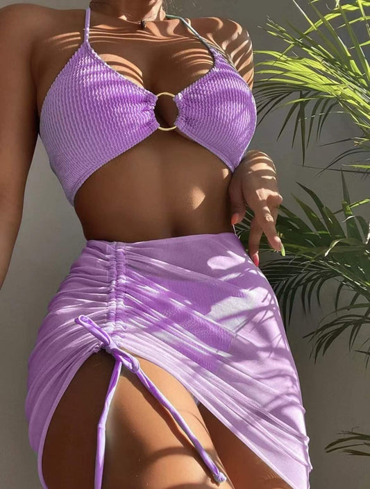 Traje de baño de primavera y verano para mujer, ajustado, de color liso, sexy, con cuello halter, conjunto de tres piezas
