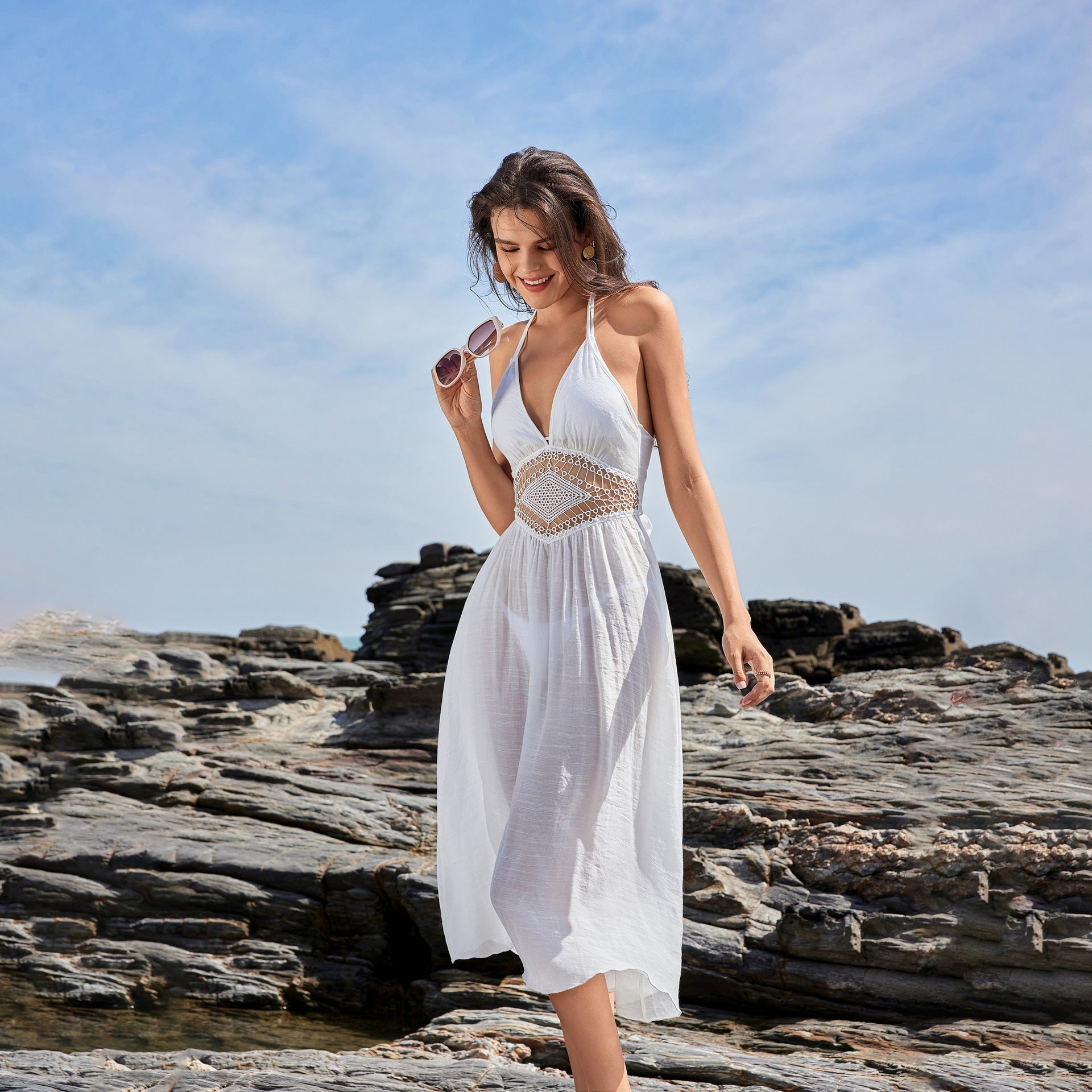 Beach Dress Women Solid Color Sexy Cutout Beach Bikini Swimsuit Blouse Sun Protective Clothing Mangar
