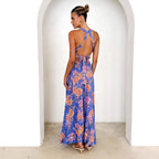 Vestido playero bohemio con cuello halter, estampado floral, cintura alta y espalda descubierta para mujer