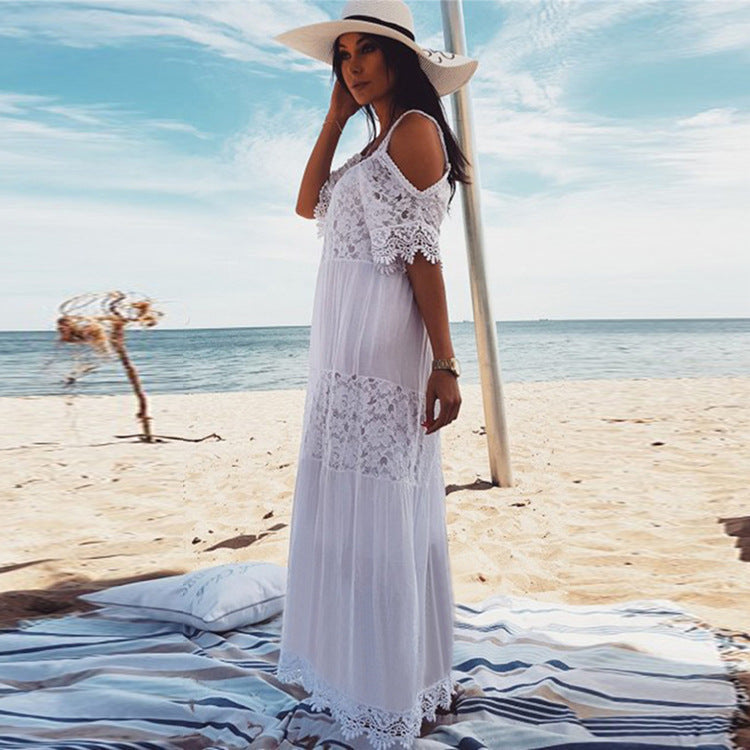 Rayon Stitching Lace Embroidery Beach Cover up Sexy Sling Dress Seaside Bikini Cover FlowWhite